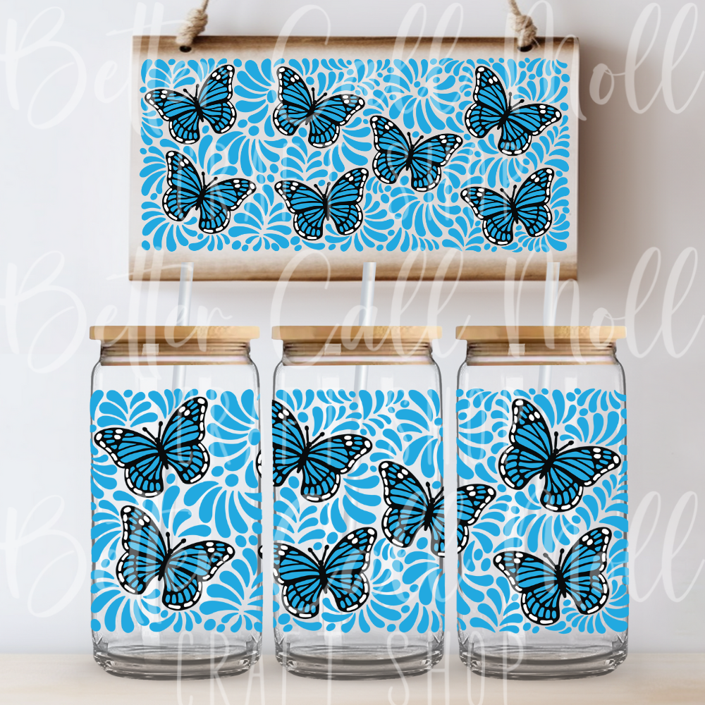 W019 - Blue Butterflies UV DTF 16oz Tumbler Wrap