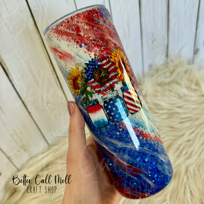 20oz Glitter Patriotic Sunflowers Insulated Stainless Steel Coated Tumbler