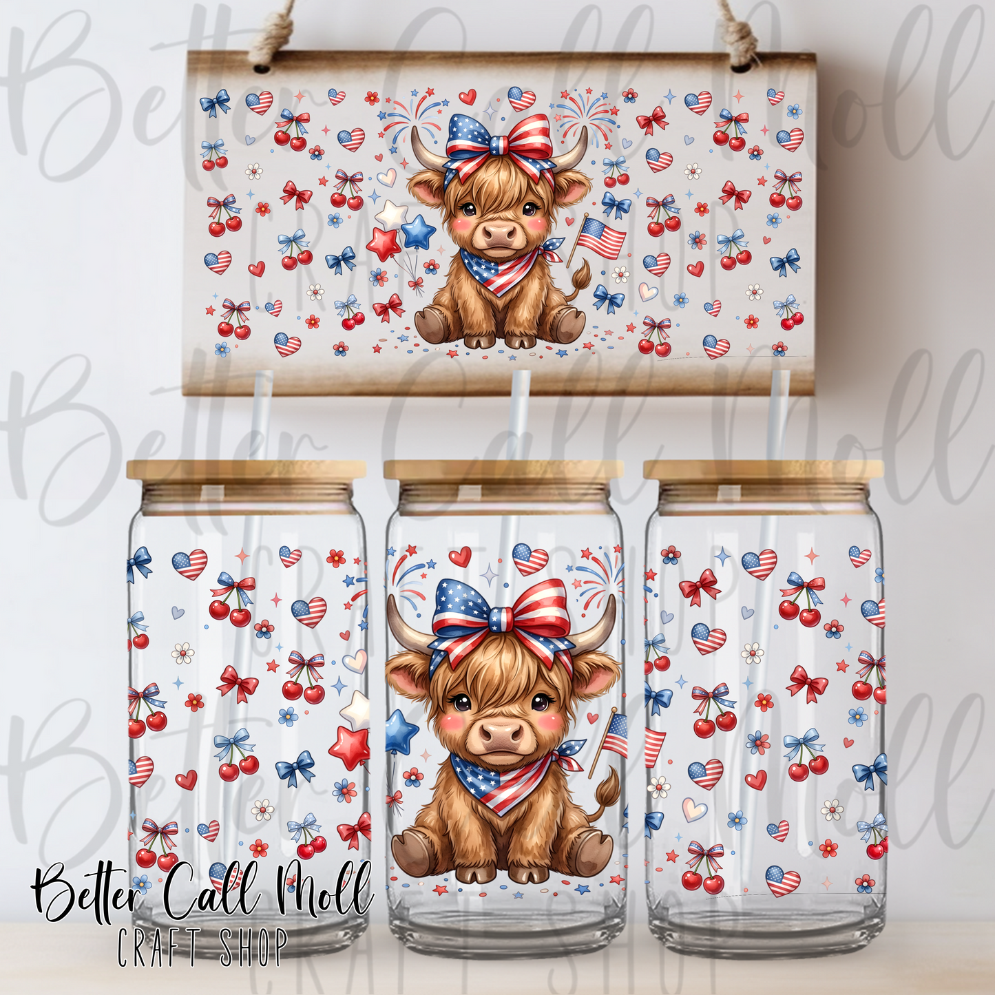 Patriotic Highland Cow UV DTF 16oz Tumbler Wrap