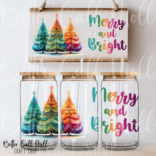 Merry and Bright Colorful Trees UV DTF 16oz Tumbler Wrap