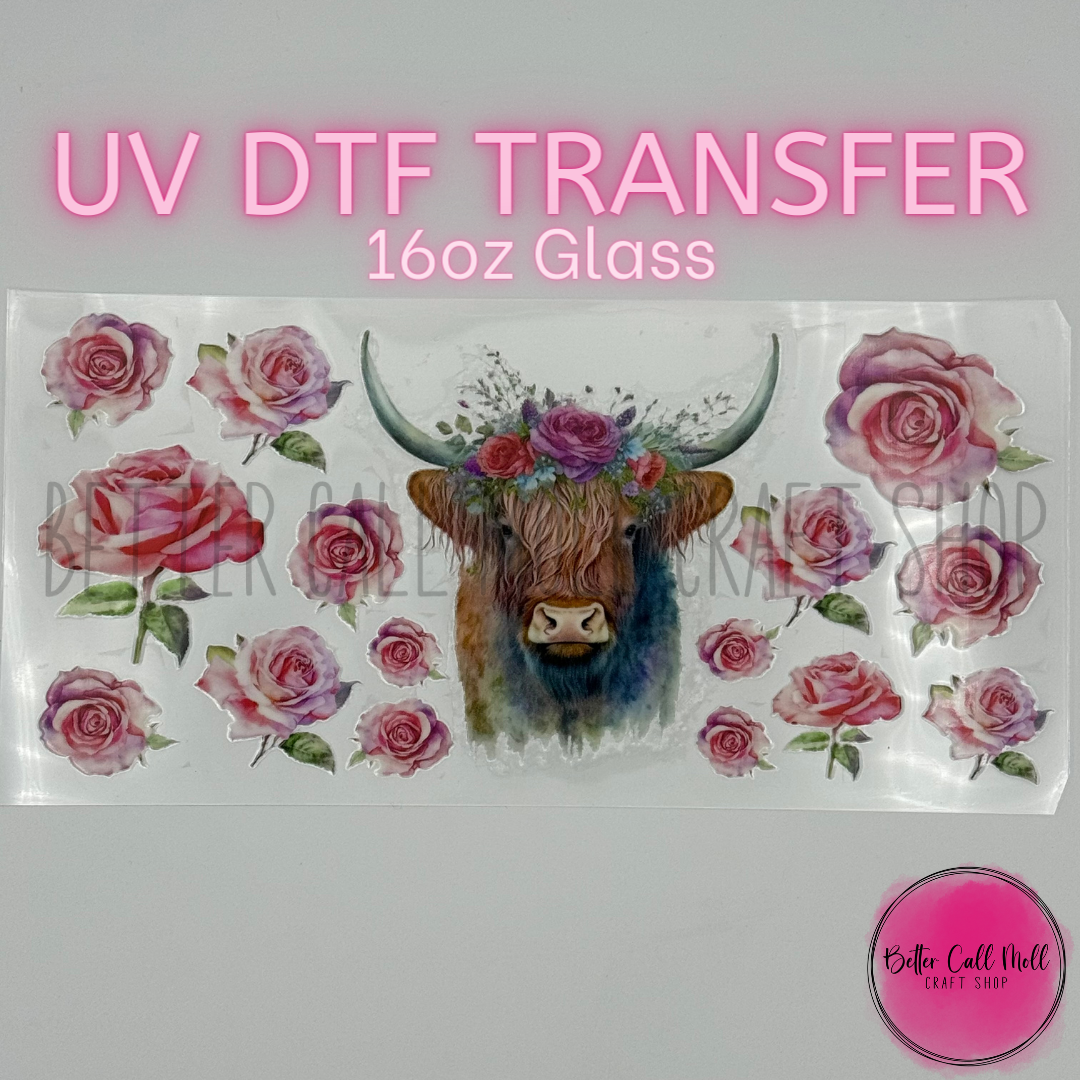 *Lower Quality* Highland Cow Roses UV DTF 16oz Glass Tumbler Wrap