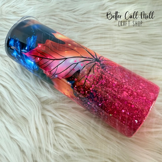 20oz Fall Leaves Pink Glitter Insulated Stainless Steel Coated Tumbler