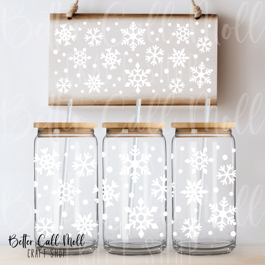 White Snowflakes UV DTF 16oz Tumbler Wrap