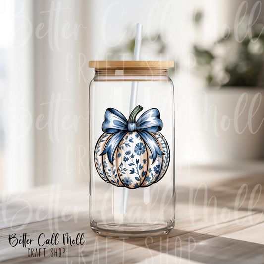 Blue Floral Pumpkin UV DTF Decal