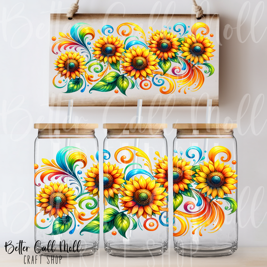 W062 - Sunflower Swirls UV DTF 16oz Tumbler Wrap