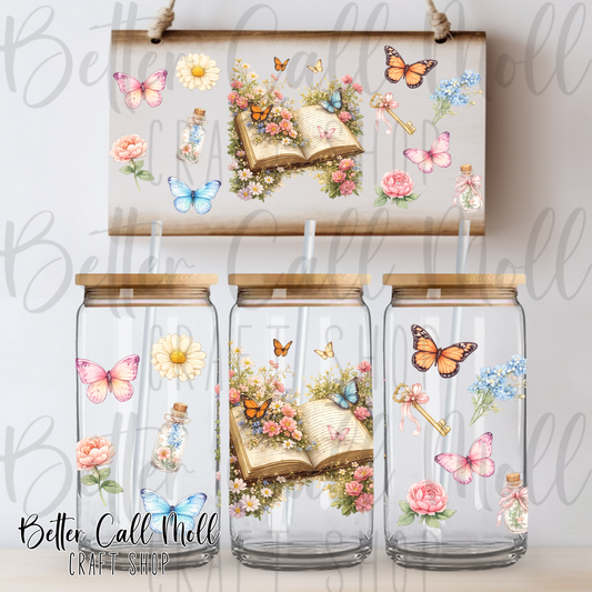 Floral Butterfly Book UV DTF 16oz Tumbler Wrap