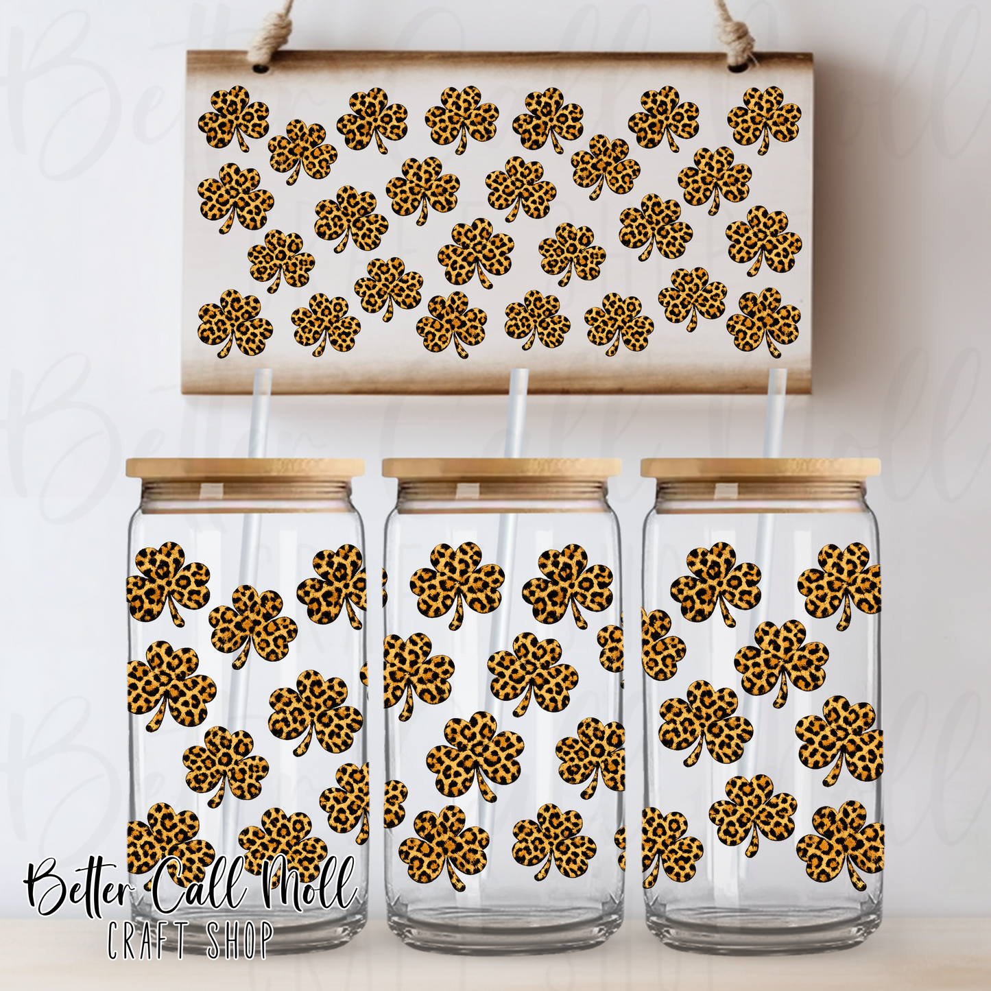 Tan Leopard Print Shamrocks UV DTF 16oz Tumbler Wrap