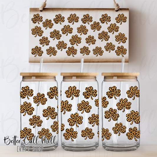 Tan Leopard Print Shamrocks UV DTF 16oz Tumbler Wrap