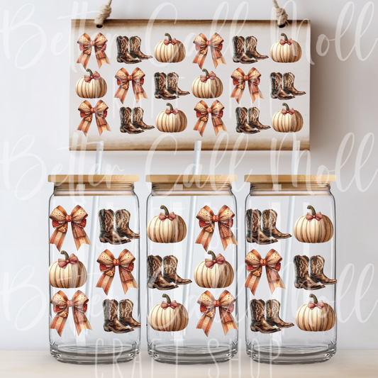 Pumpkins, Bows, and Boots  UV DTF 16oz Tumbler Wrap