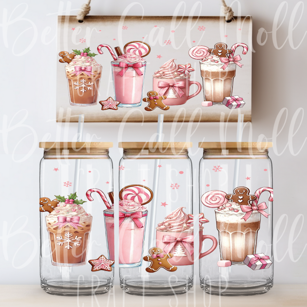 W114 - Pink Christmas Drinks UV DTF 16oz Tumbler Wrap