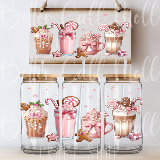 W114 - Pink Christmas Drinks UV DTF 16oz Tumbler Wrap