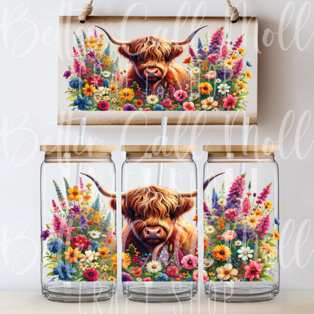 Highland Cow and Wildflowers UV DTF 16oz Tumbler Wrap