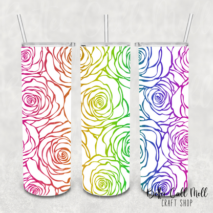 Rainbow Rose Outlines UV DTF 20oz Skinny Tumbler Wrap