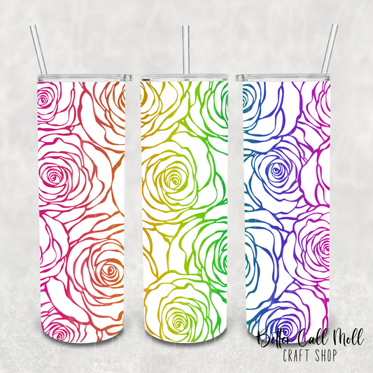 Rainbow Rose Outlines UV DTF 20oz Skinny Tumbler Wrap