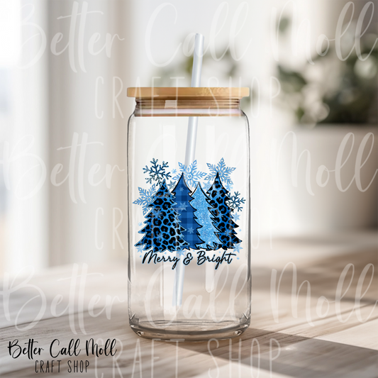Merry and Bright Blue Trees UV DTF Decal