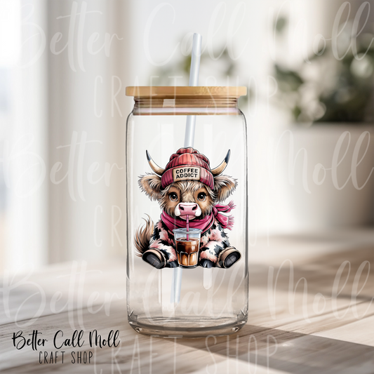 Coffee Addict Highland Cow UV DTF Decal