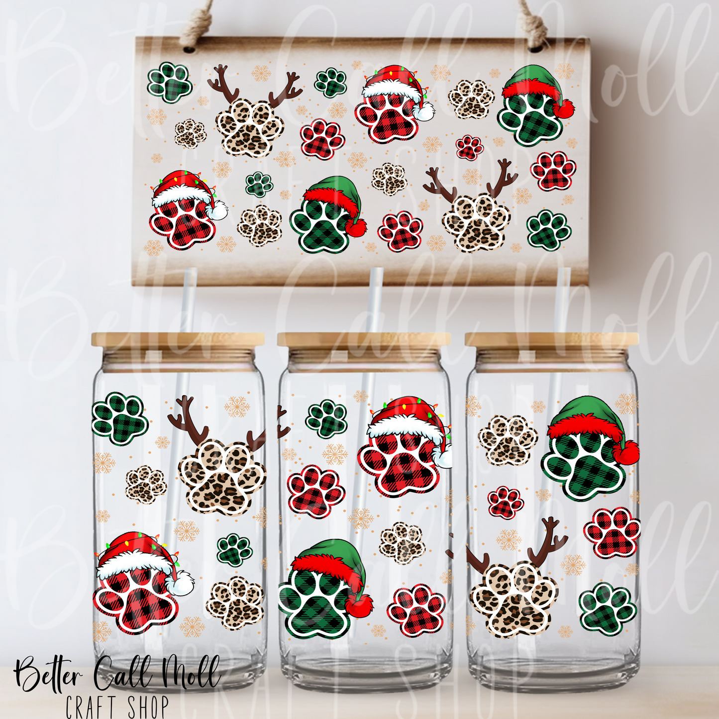 Christmas Paw Prints UV DTF 16oz Tumbler Wrap