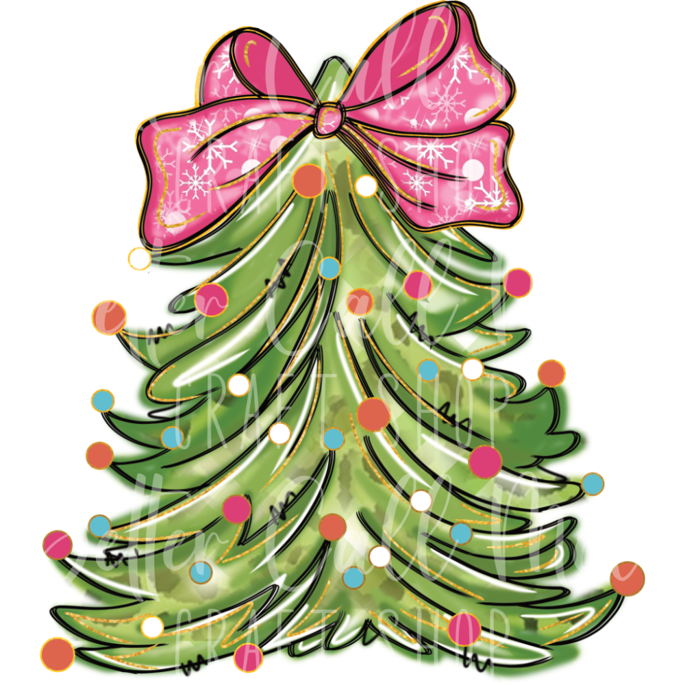 D144 - Christmas Tree Pink Bow UV DTF Decal