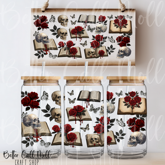 Books, Skulls and Roses UV DTF 16oz Tumbler Wrap