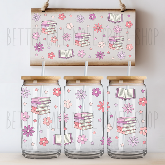Books and Flowers UV DTF 16oz Glass Tumbler Wrap