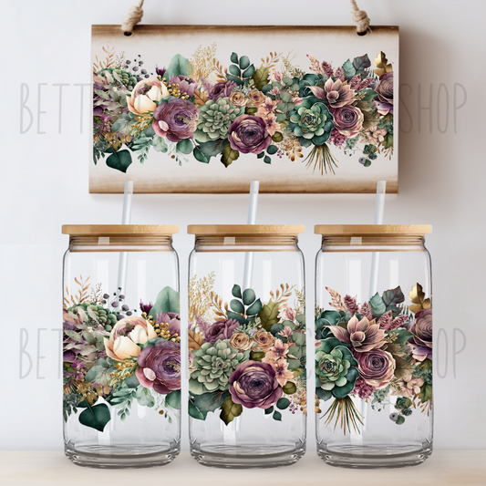 Purple and Peach Floral UV DTF 16oz Glass Tumbler Wrap