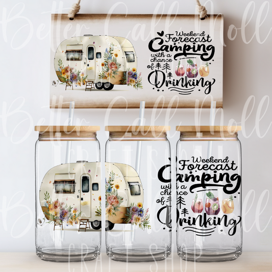 Camping With a Chance of Drinking UV DTF 16oz Glass Tumbler Wrap