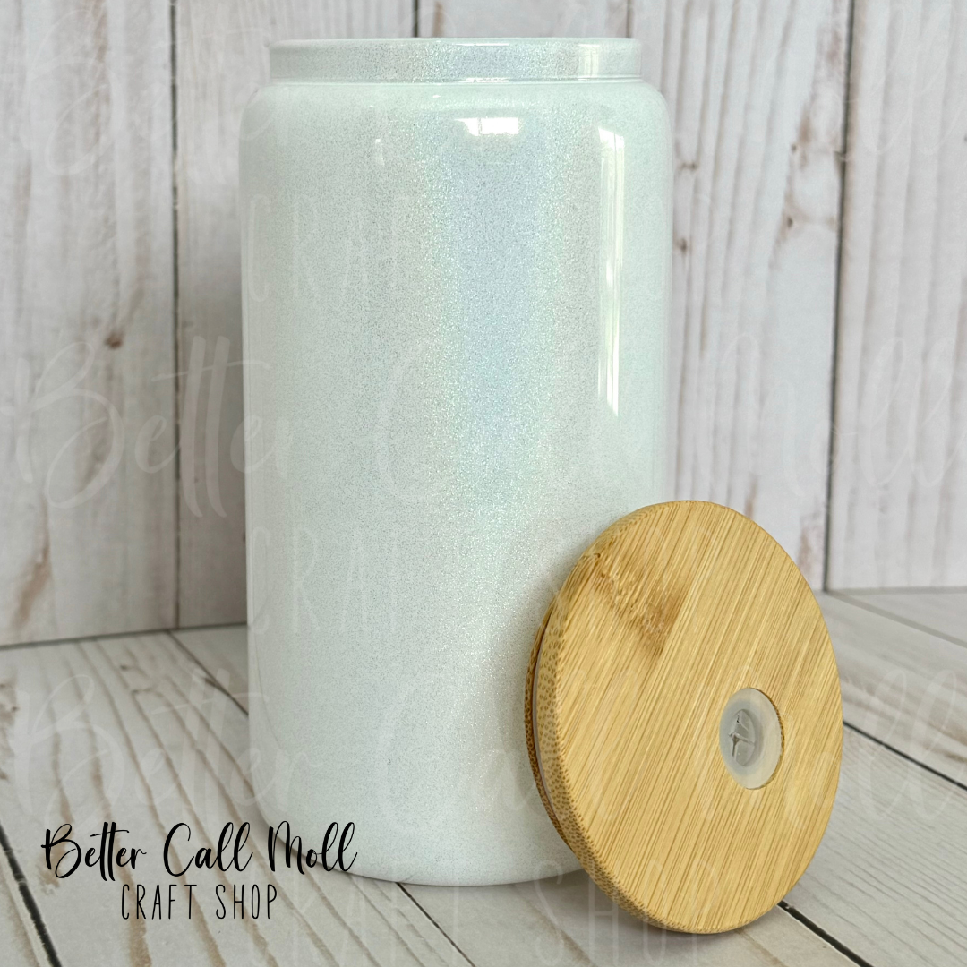 16oz White Holographic Shimmer GLASS Sublimation Tumbler With Bamboo Lid