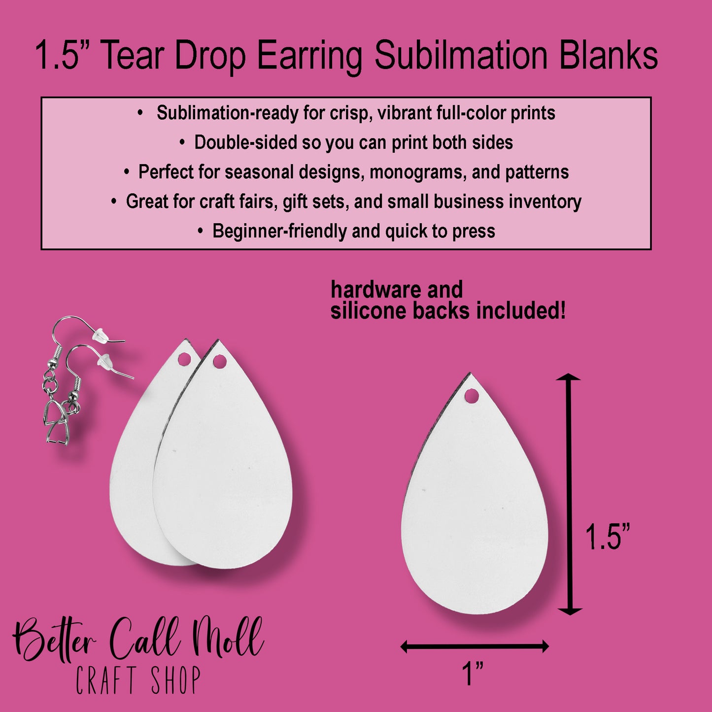 1.5" Teardrop Earring Sublimation Blanks