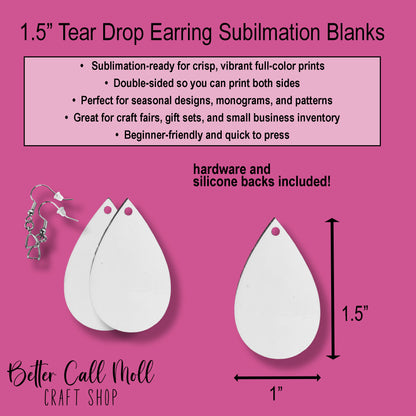 1.5" Teardrop Earring Sublimation Blanks