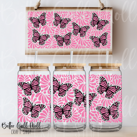 Pink Butterflies UV DTF 16oz Tumbler Wrap