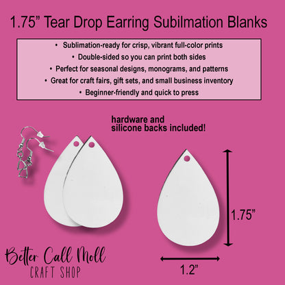 1.75" Teardrop Earring Sublimation Blanks