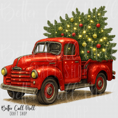 Red Truck with Christmas Tree UV DTF Decal