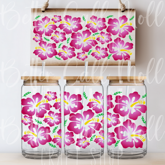 Pink Hibiscus Flowers UV DTF 16oz Glass Tumbler Wrap