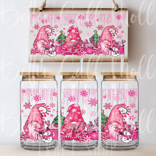 W116 - Pink Christmas Gnomes UV DTF 16oz Tumbler Wrap