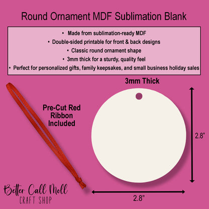 Round Christmas Ornament Sublimation Blank with Ribbon