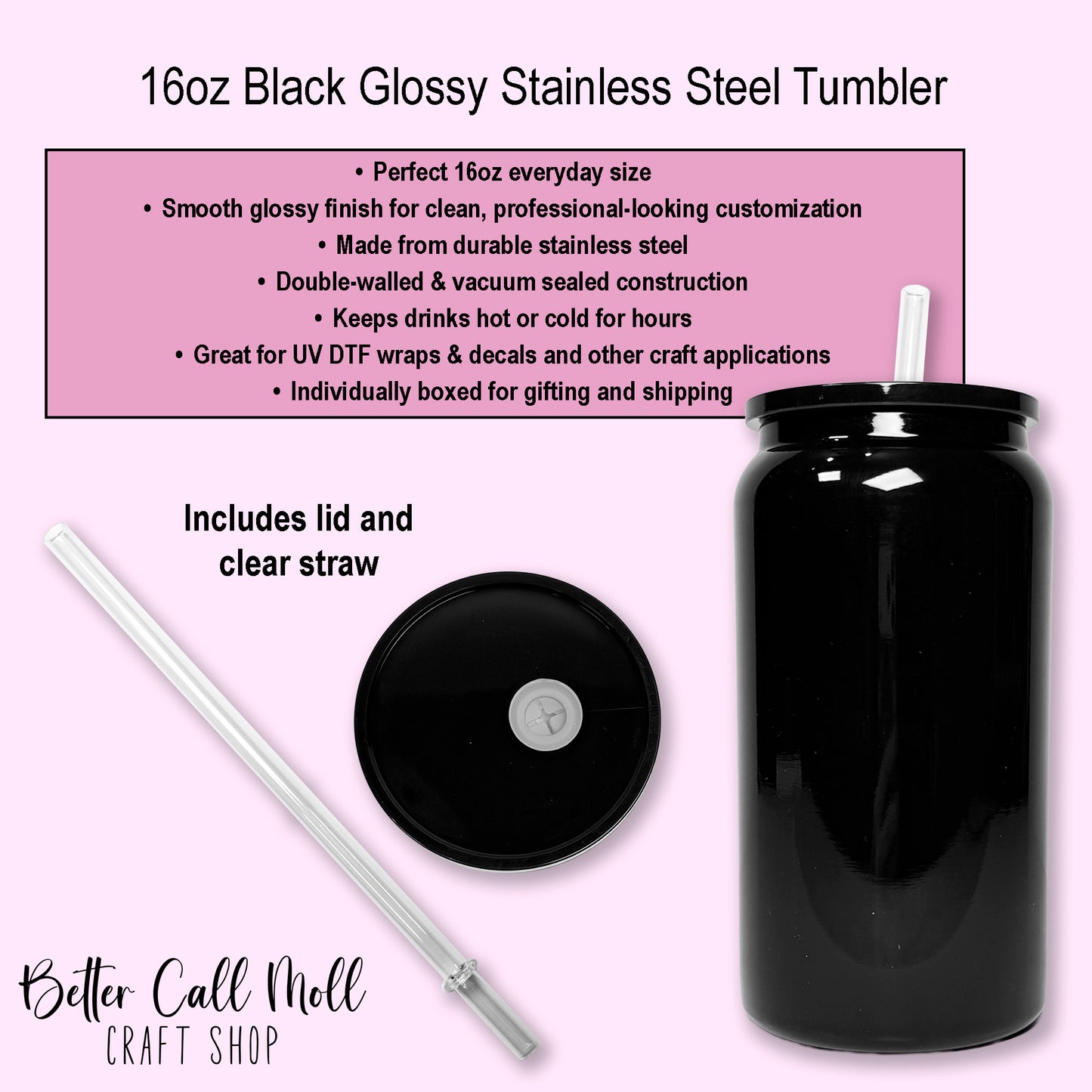 16oz Black Glossy Stainless Steel Tumbler