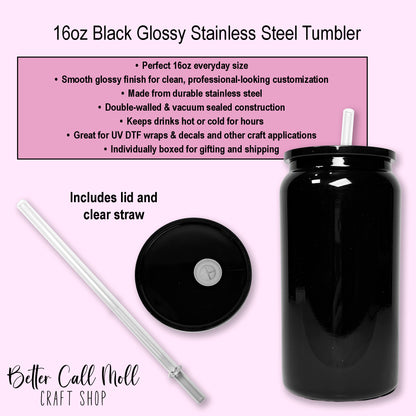16oz Black Glossy Stainless Steel Tumbler