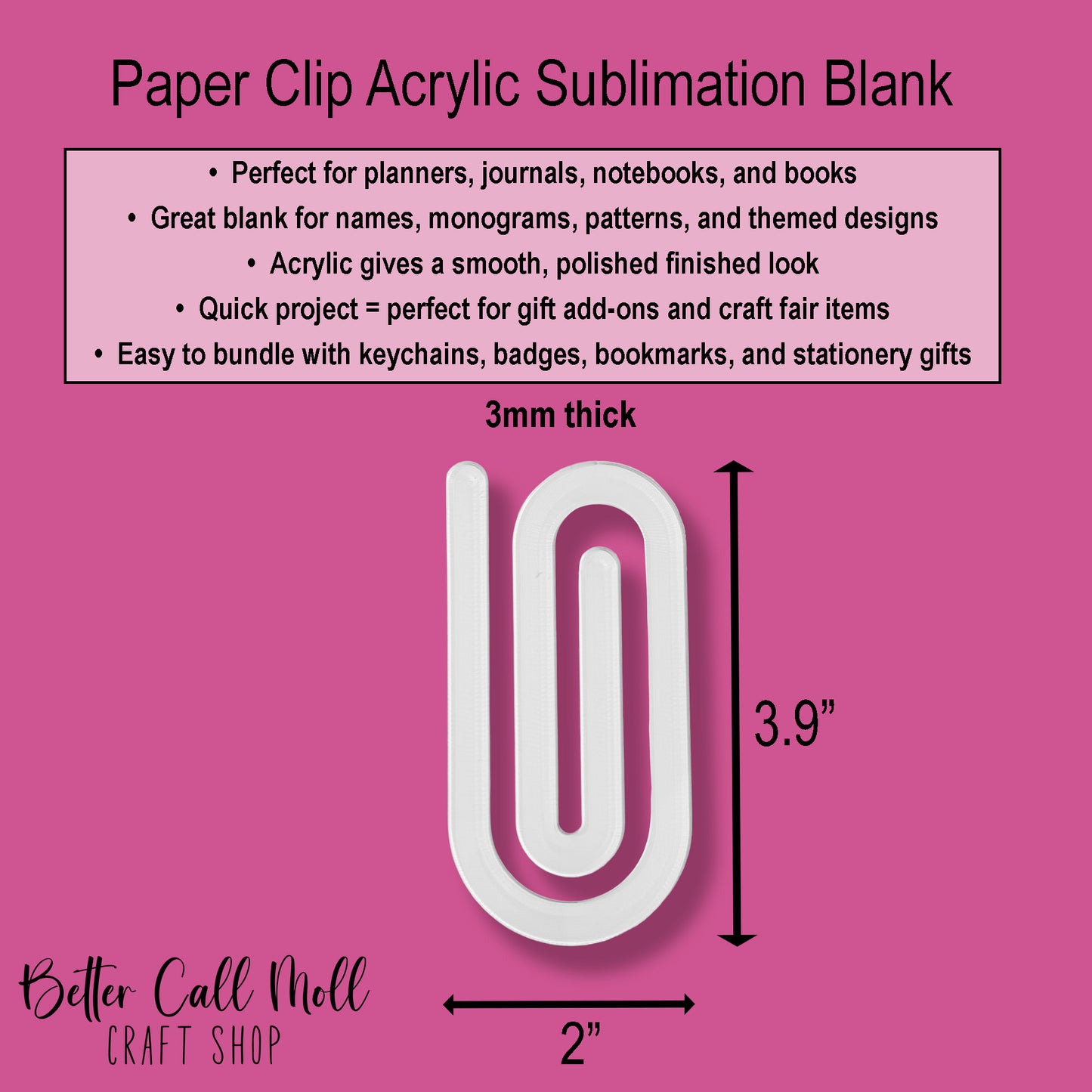 Acrylic Paper Clip Sublimation Blank – Jumbo Planner Clip / Bookmark Blank