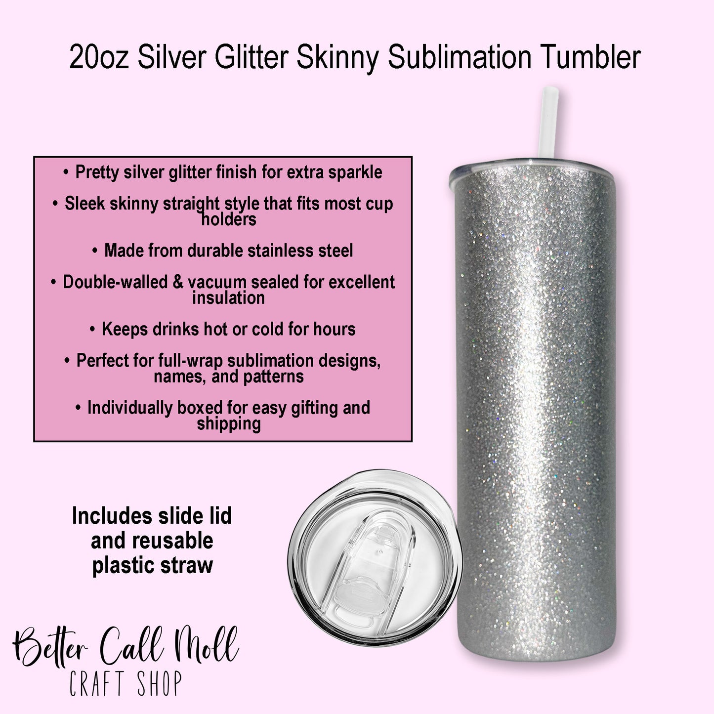 20oz Silver Glitter Skinny Sublimation Tumbler