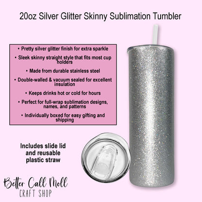 20oz Silver Glitter Skinny Sublimation Tumbler