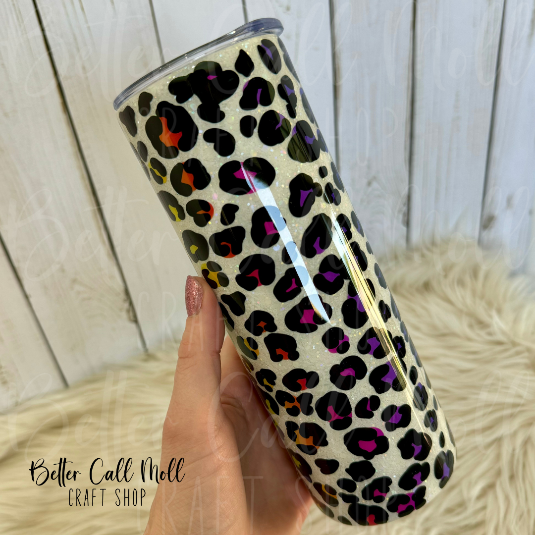 20oz Colorful Leopard Print Glitter Insulated Stainless Steel Coated Tumbler