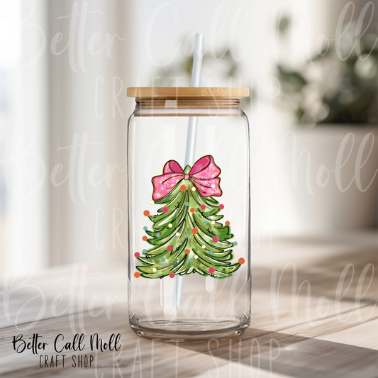 Christmas Tree with Pink Bow UV DTF Decal