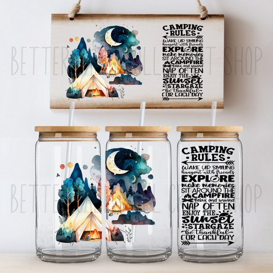 Camping Rules UV DTF 16oz Glass Tumbler Wrap