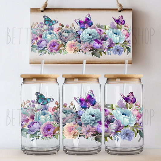 Butterfly Floral UV DTF 16oz Glass Tumbler Wrap