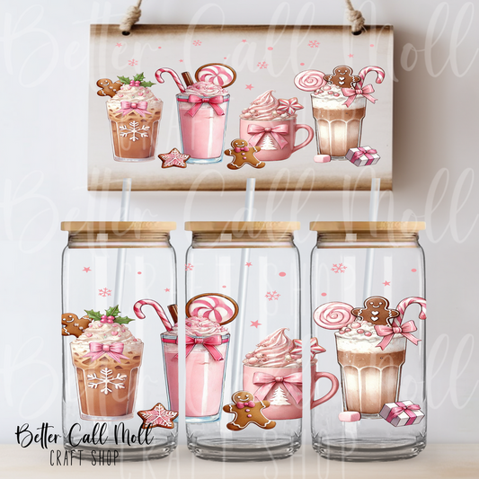 Pink Christmas Drinks UV DTF 16oz Tumbler Wrap