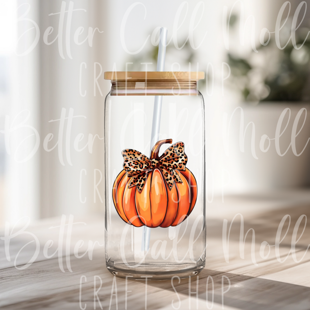 D127 - Pumpkin with Leopard Print Bow UV DTF Decal