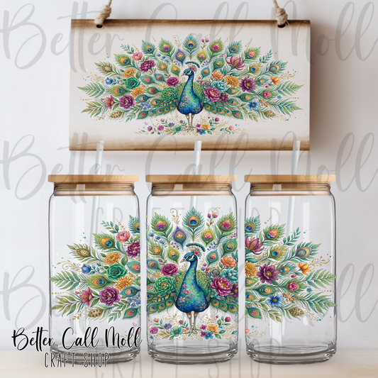 Floral Peacock UV DTF 16oz Tumbler Wrap