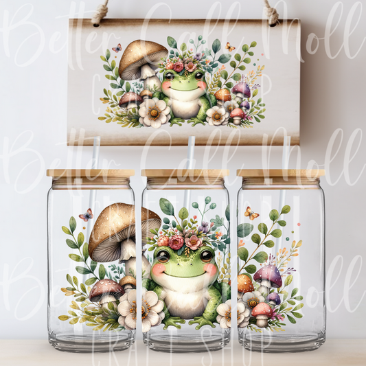 Cute Frog with Flowers and Mushrooms UV DTF 16oz Glass Tumbler Wrap