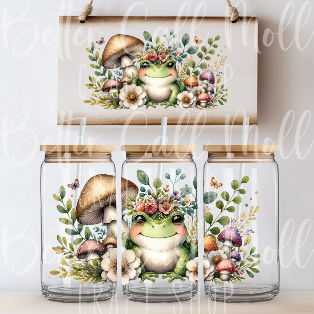 W060 - Cute Frog with Flowers and Mushrooms UV DTF 16oz Tumbler Wrap