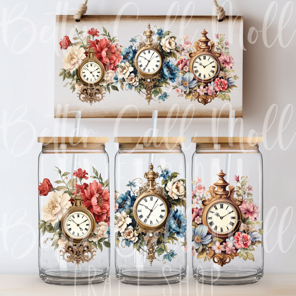 W005 - Floral Clocks UV DTF 16oz Tumbler Wrap